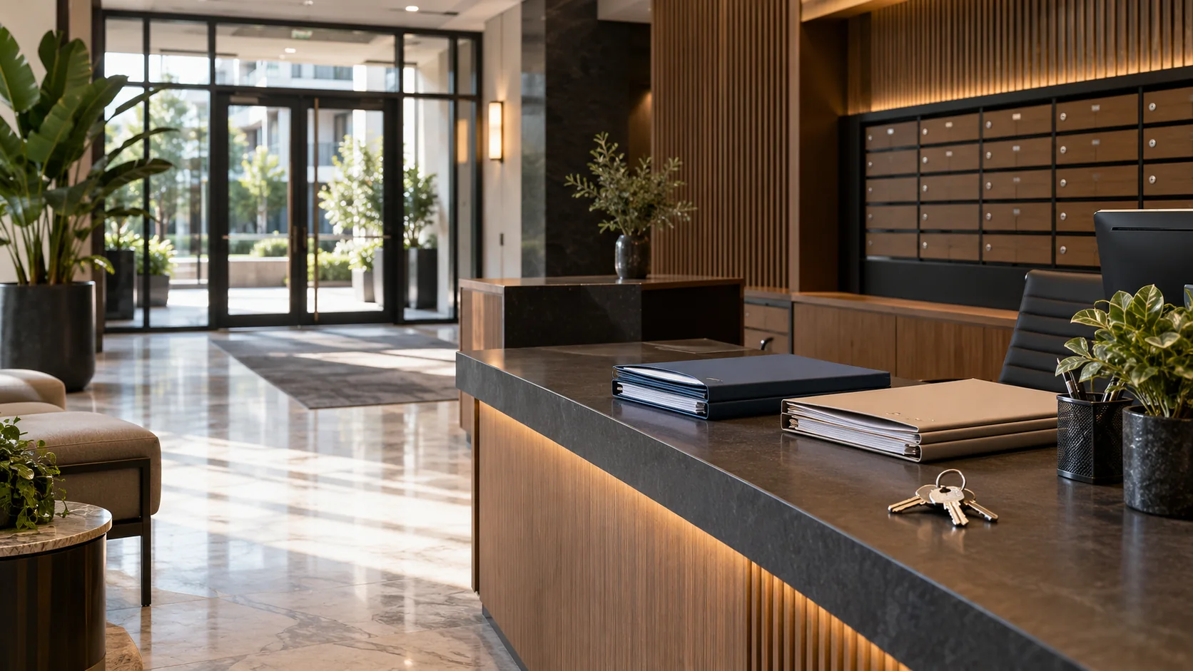 Apartman girişindeki yönetim masasında düzenli dosyalar ve bina anahtarları