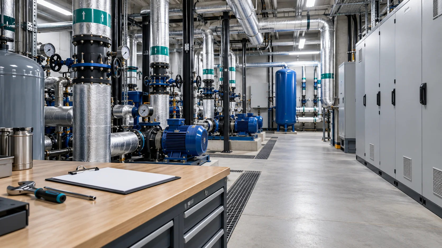 Bina teknik odasında yalıtımlı borular, pompalar ve kapalı elektrik panoları