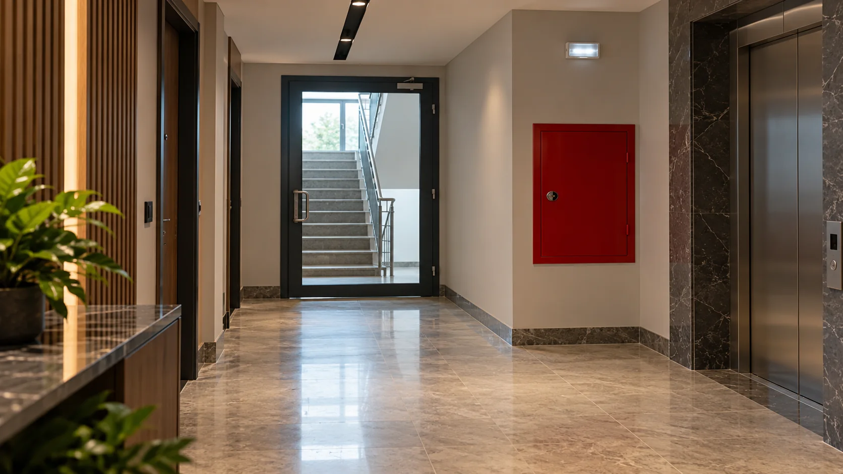 Boş apartman koridorunda merdiven kapısı, kırmızı ekipman dolabı ve acil aydınlatma