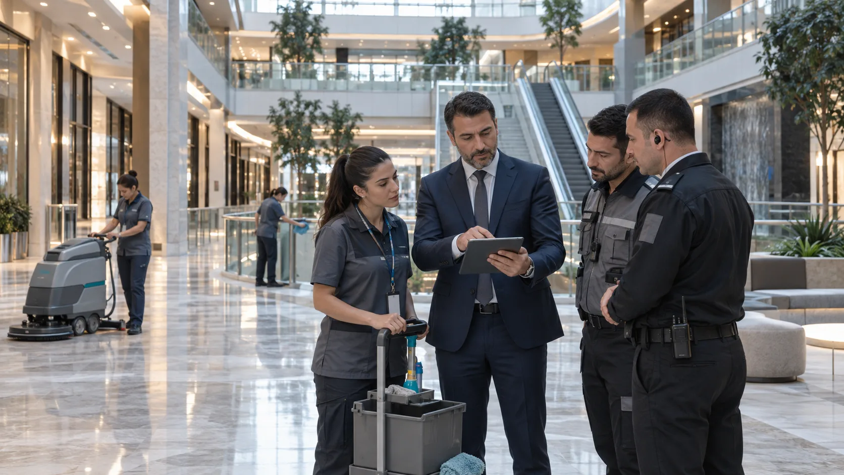 Modern alışveriş merkezinde temizlik, teknik ve güvenlik ekiplerini koordine eden yönetici