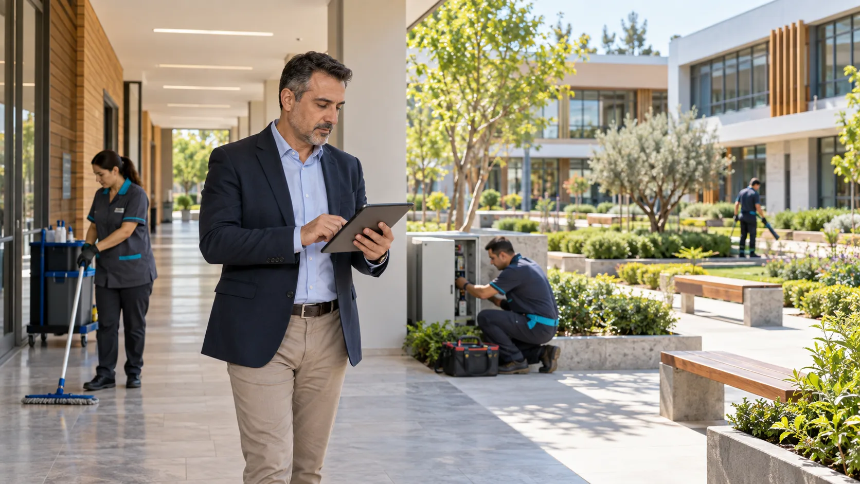 Modern eğitim kampüsünde temizlik ve teknik işleri denetleyen tesis yöneticisi