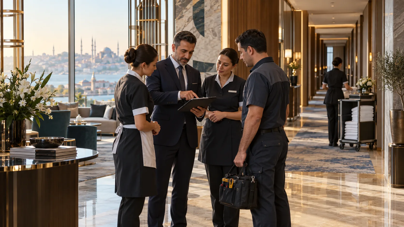 İstanbul manzaralı otel lobisinde operasyon toplantısı yapan konaklama tesisi ekibi