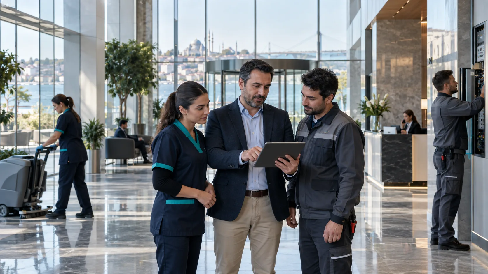 İstanbul manzaralı modern plaza lobisinde tabletle operasyon planlayan tesis yönetimi ekibi