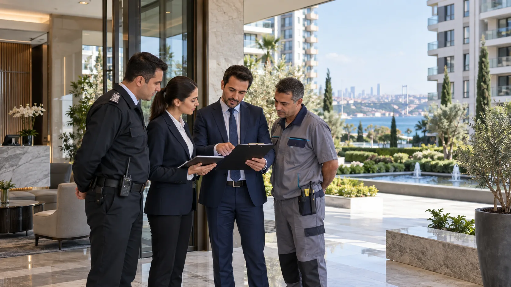 Modern rezidans ortak alanında bakım ve güvenlik kontrollerini değerlendiren site yönetimi ekibi