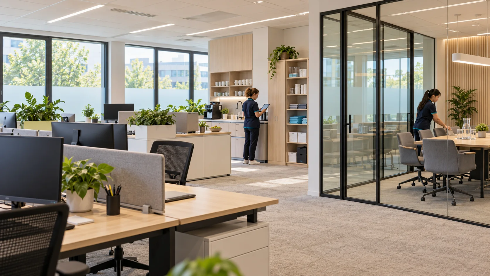 Açık ofis ve cam toplantı odasında hazırlık ile sarf kontrolü yapan destek ekibi